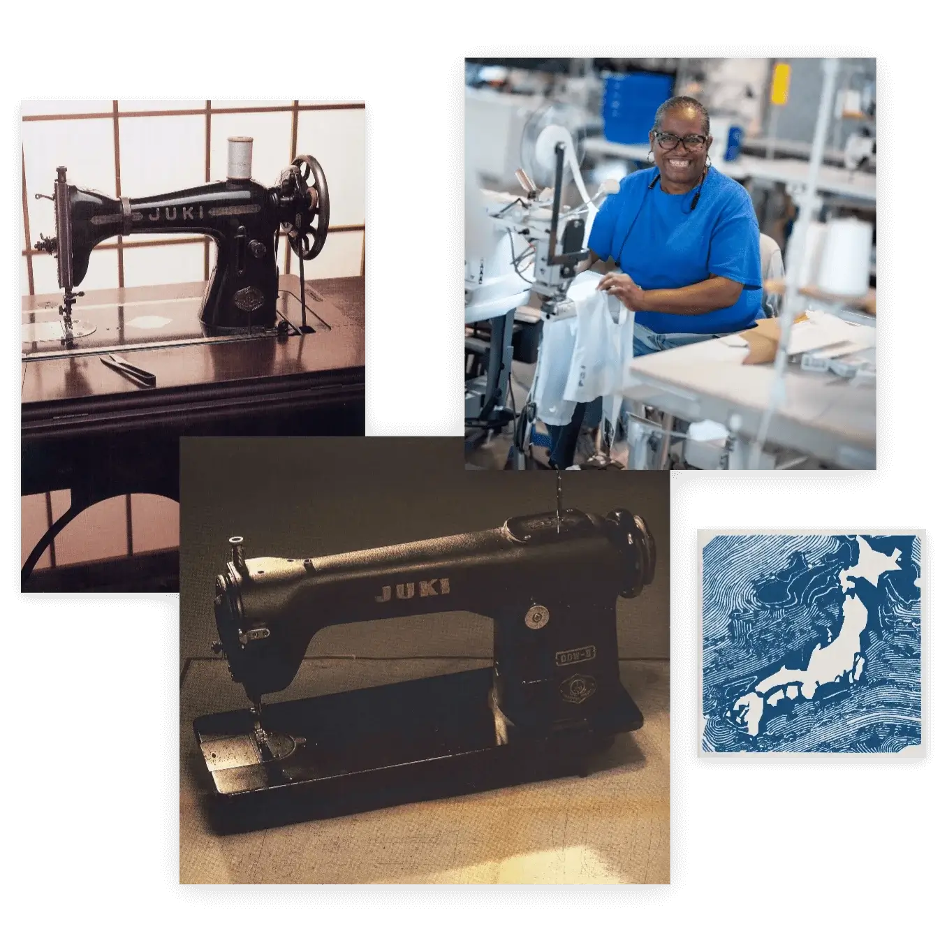 image showing old vintage sewing machines and a woman using a new high-technology one